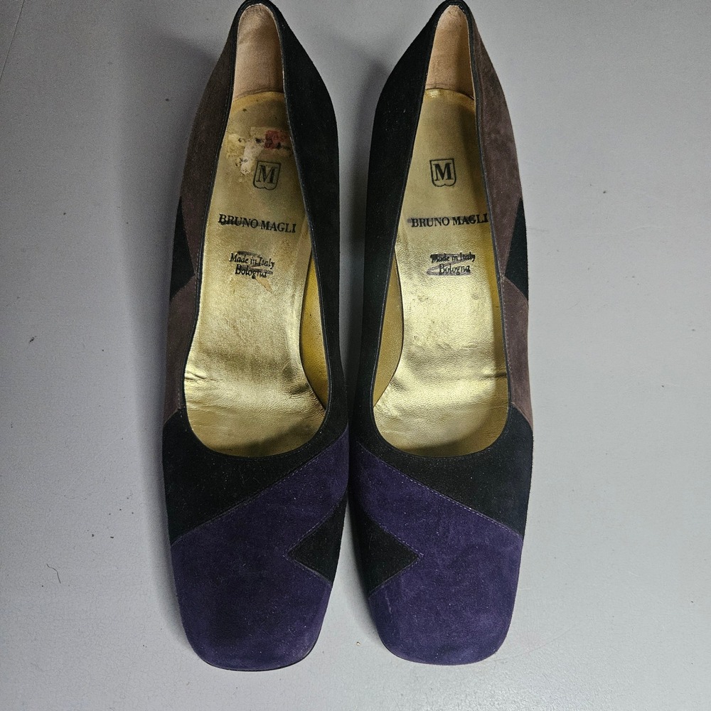 Bruno Magli Vintage Suede Block Heel Pumps Italy Purple Black Square Toe 8.5